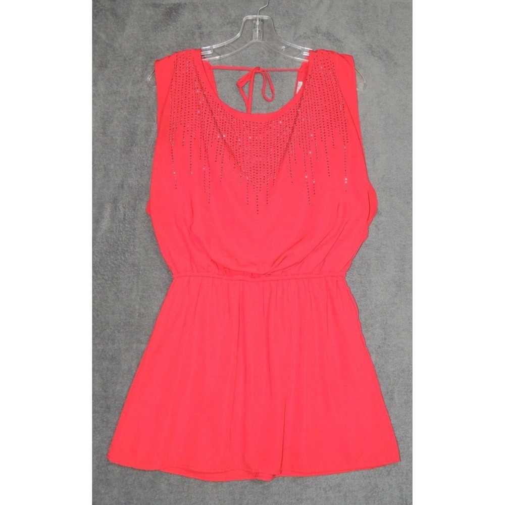 Easel Mini Dress Womens Small Coral Red Rhinestone Embellished Boho Party Summer